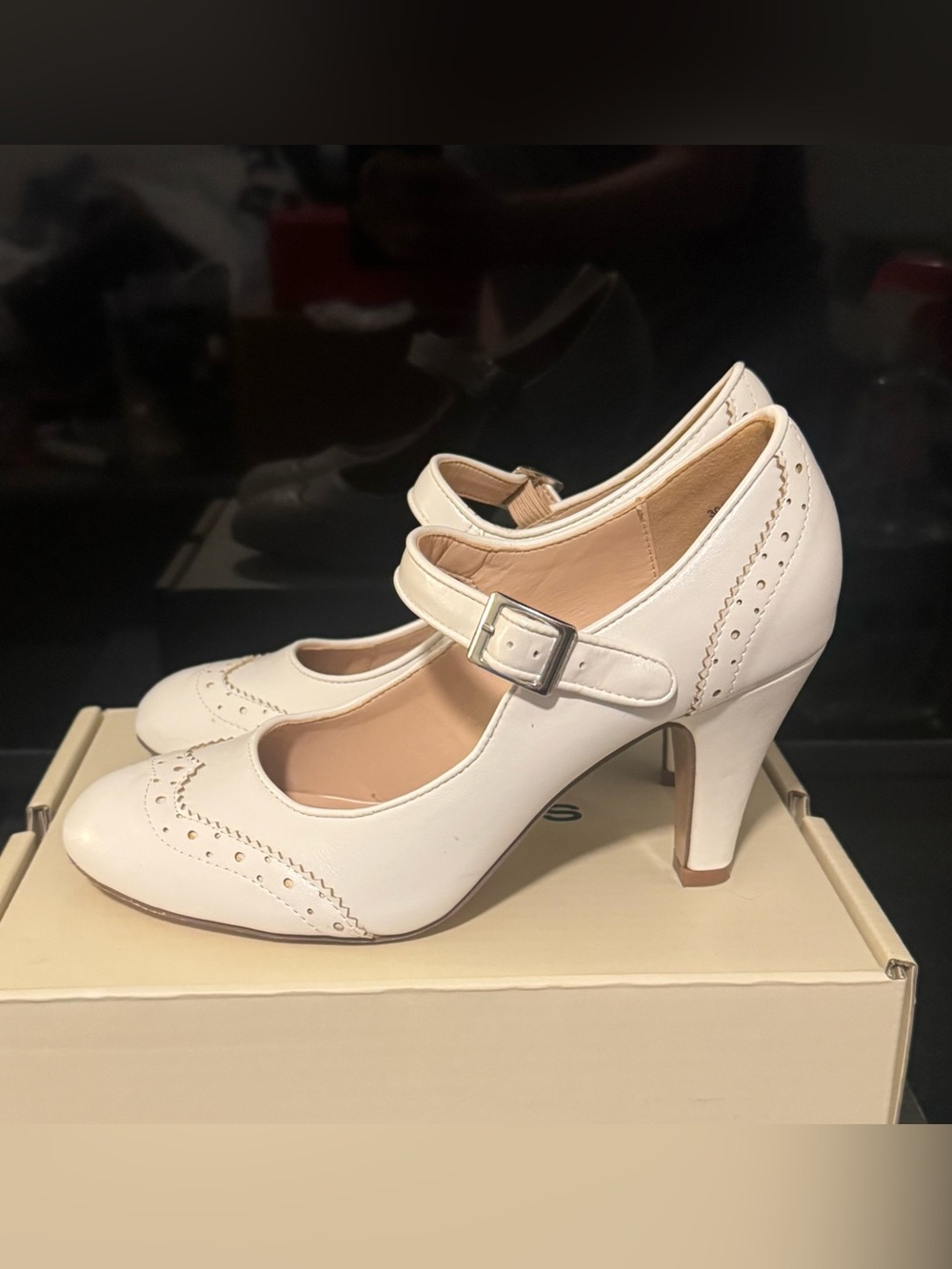 J. Adams Off-White Mary Jane Heels with Brogue Trim